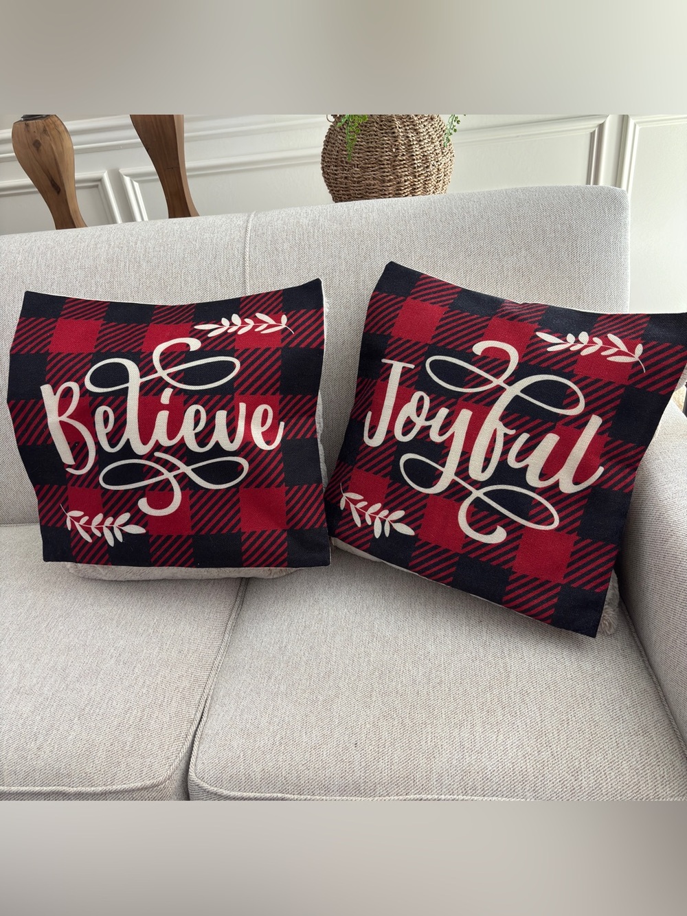 Set of 2 Christmas Buffalo Plaid Pillow Covers "Believe" & "Joyful" 18x18